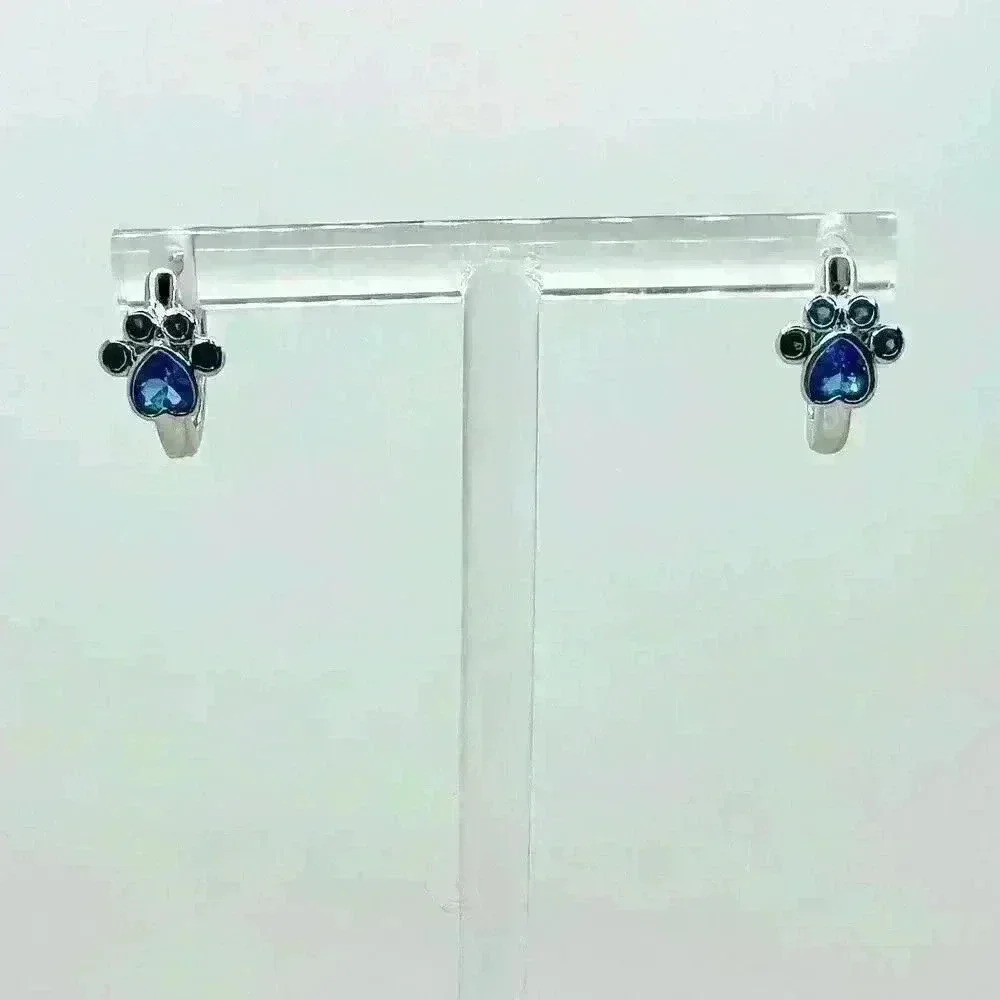 Paw Print Zircon Hoop Earrings in Blue - Picture 2 of 5